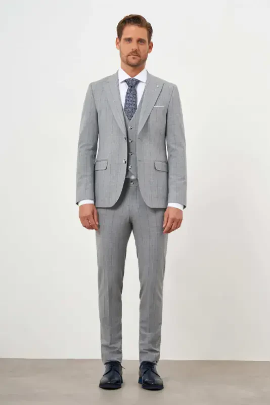 Modazone Men's Grey Polyviscose Trend Vested Checkered Slim Fit Pointed Collar Suit - 7