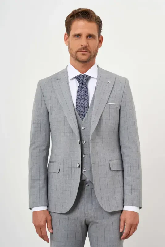 Modazone Men's Grey Polyviscose Trend Vested Checkered Slim Fit Pointed Collar Suit - 8