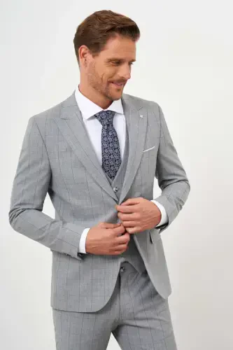 Modazone Men's Grey Polyviscose Trend Vested Checkered Slim Fit Pointed Collar Suit - 9