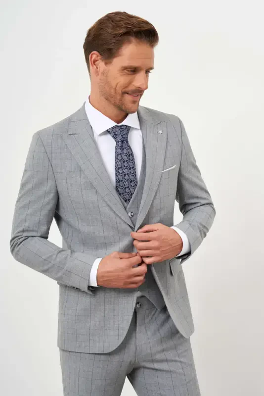 Modazone Men's Grey Polyviscose Trend Vested Checkered Slim Fit Pointed Collar Suit - 9