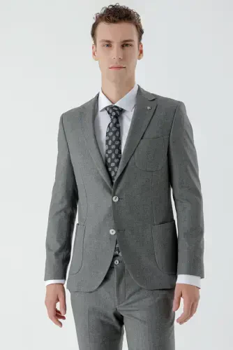 Modazone Men's Grey Polyviscose Trendy Patterned Slim Fit Single Button Suit - 3