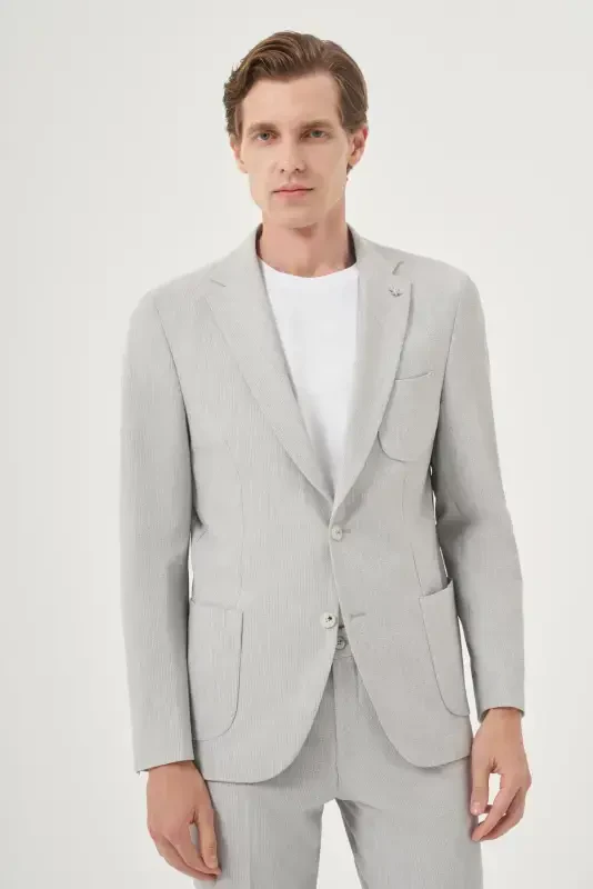 Modazone Men's Grey Polyviscose Trendy Striped Slim Fit Notch Lapel Suit - MORVEN