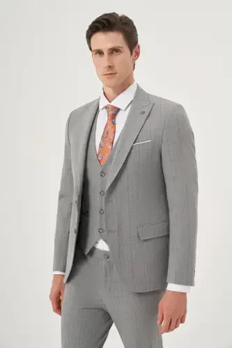 Modazone Men's Grey Polyviscose Trendy Vested Plaid Slim Fit Pointed Collar Suit - 1