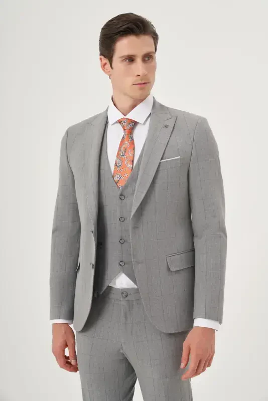 Modazone Men's Grey Polyviscose Trendy Vested Plaid Slim Fit Pointed Collar Suit - 2