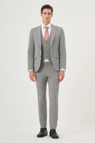 Modazone Men's Grey Polyviscose Trendy Vested Plaid Slim Fit Pointed Collar Suit - 5