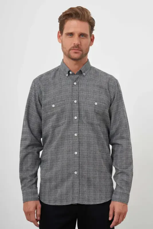 Modazone Men's Grey Trendy Lumberjack Plaid Button-Down Collar Regular Fit Shirt - MORVEN