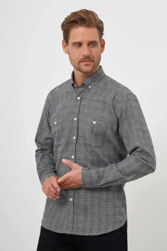 Modazone Men's Grey Trendy Lumberjack Plaid Button-Down Collar Regular Fit Shirt - 2