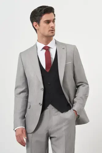 Modazone Men's Grey Trendy Vest Combination Slim Fit Pointed Collar Suit - 1