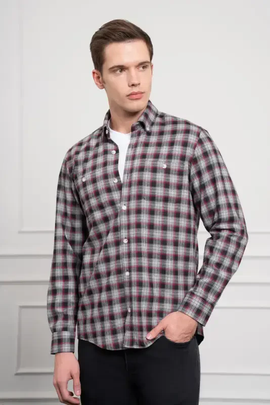 Modazone Men's Grey Winter Buttoned Collar Regular Fit Shirt - MORVEN