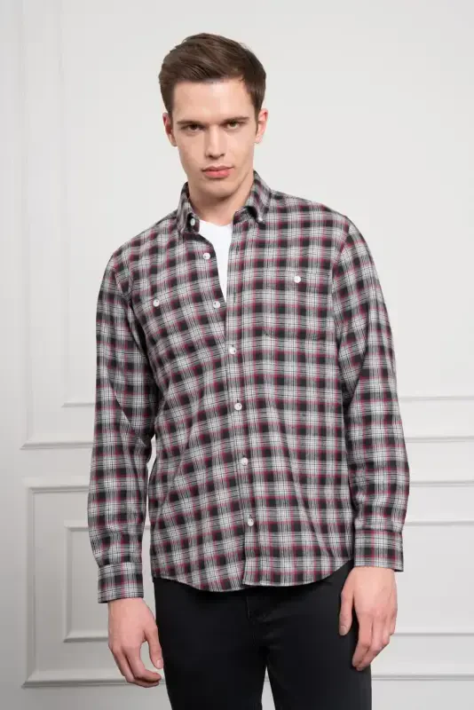 Modazone Men's Grey Winter Buttoned Collar Regular Fit Shirt - 3