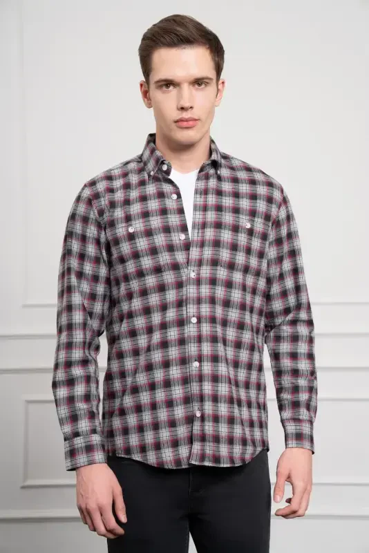 Modazone Men's Grey Winter Buttoned Collar Regular Fit Shirt - 4