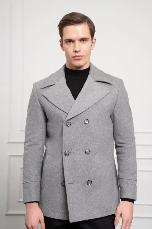 Modazone Men's Grey Wool Blend Double Breasted Dynamic Fit Peak Lapel Coat - MORVEN