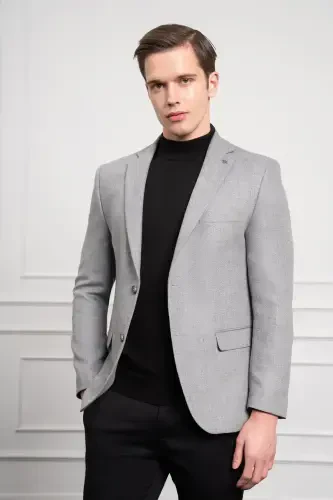 Modazone Men's Grey Wool Patterned Dynamic Fit Comfort Fit Mono Collar Jacket - MORVEN (1)