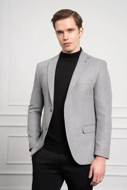 Modazone Men's Grey Wool Patterned Dynamic Fit Comfort Fit Mono Collar Jacket - 1