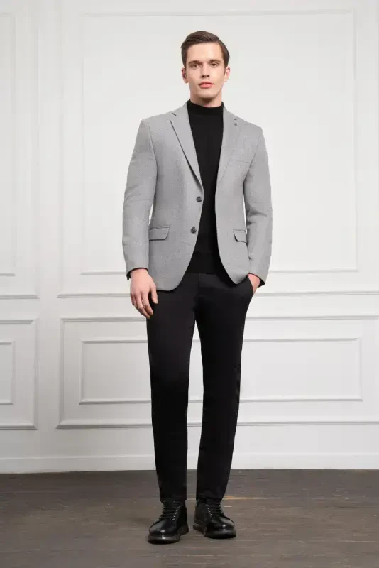 Modazone Men's Grey Wool Patterned Dynamic Fit Comfort Fit Mono Collar Jacket - 2