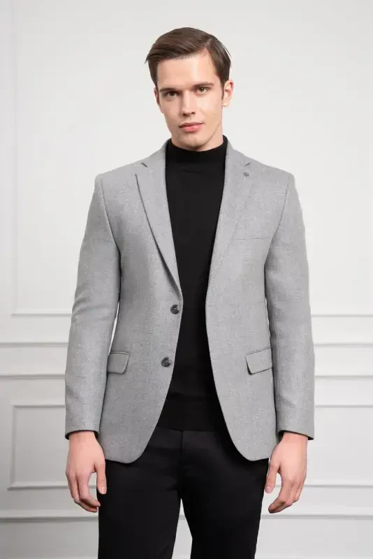 Modazone Men's Grey Wool Patterned Dynamic Fit Comfort Fit Mono Collar Jacket - 3