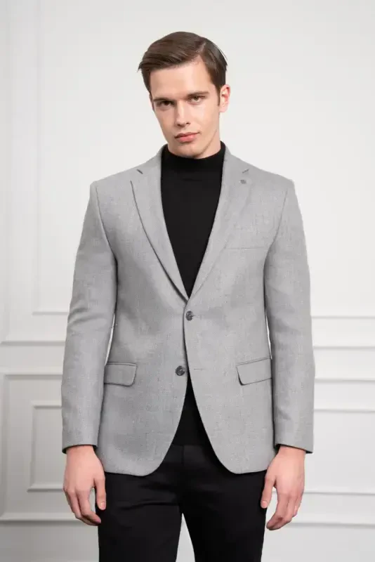 Modazone Men's Grey Wool Patterned Dynamic Fit Comfort Fit Mono Collar Jacket - 4