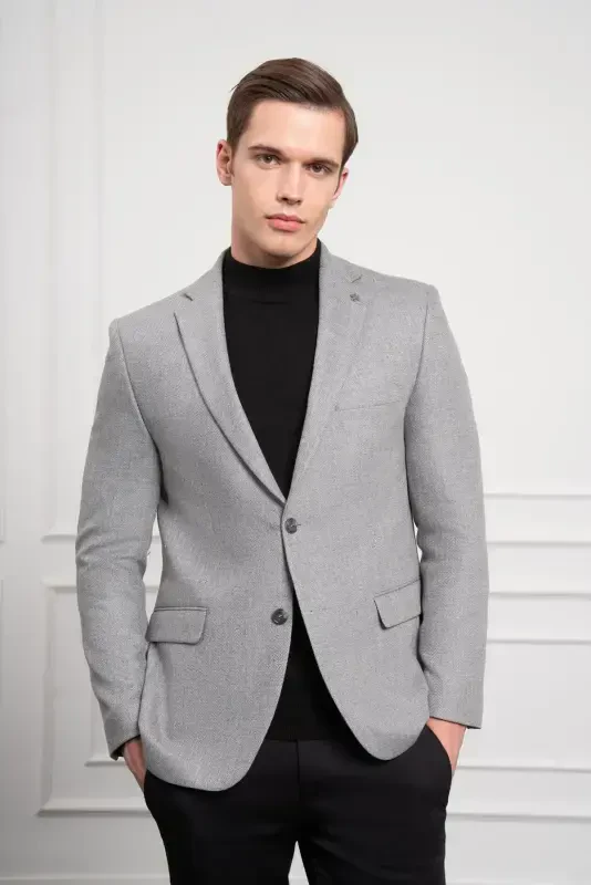 Modazone Men's Grey Wool Patterned Dynamic Fit Comfort Fit Mono Collar Jacket - 5