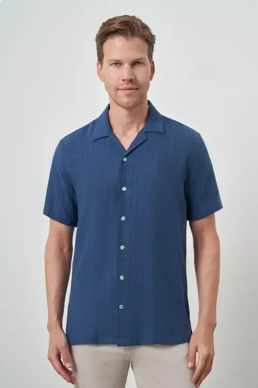 Modazone Men's Indigo Linen Regular Fit Band Collar Short Sleeve Shirt - 1