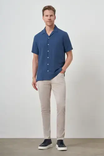 Modazone Men's Indigo Linen Regular Fit Band Collar Short Sleeve Shirt - MORVEN (1)