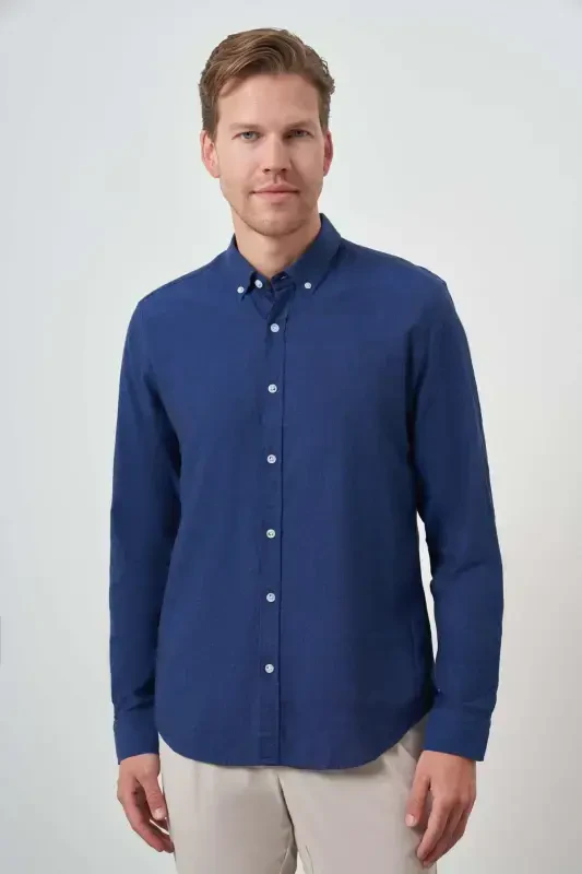 Modazone Men's Indigo Linen Trend Dynamic Fit Button-Down Collar Shirt - 1
