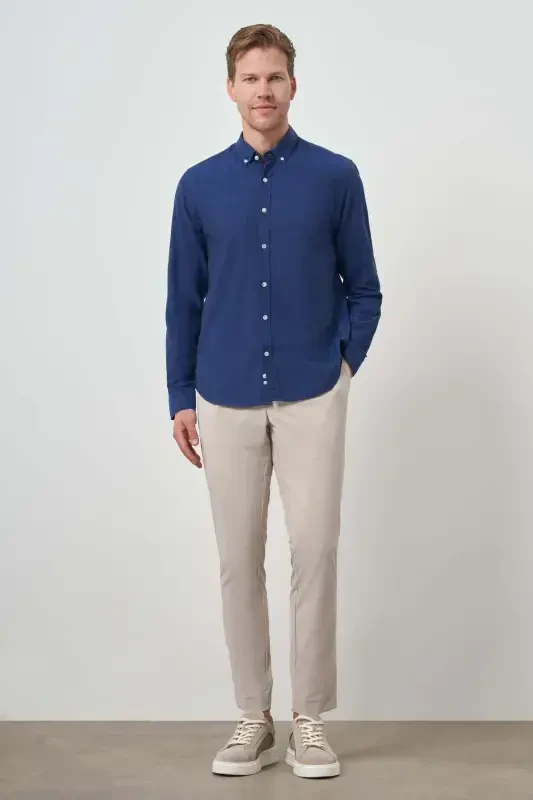 Modazone Men's Indigo Linen Trend Dynamic Fit Button-Down Collar Shirt - 2