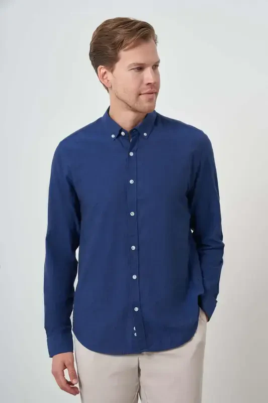 Modazone Men's Indigo Linen Trend Dynamic Fit Button-Down Collar Shirt - 3