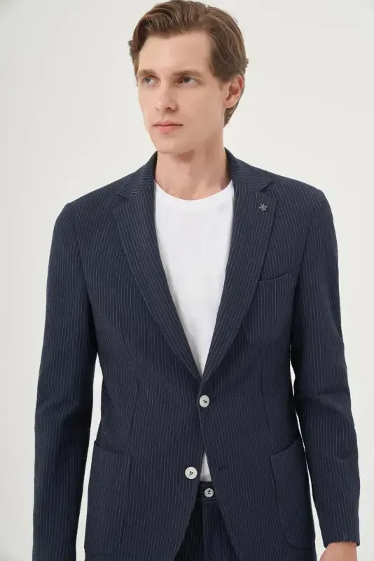 Modazone Men's Indigo Polyviscose Trend Striped Slim Fit Single Collar Suit - 2