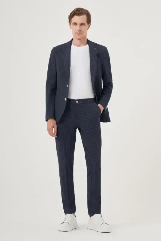 Modazone Men's Indigo Polyviscose Trend Striped Slim Fit Single Collar Suit - 3