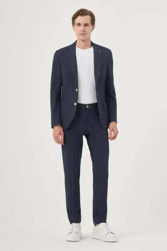 Modazone Men's Indigo Polyviscose Trend Striped Slim Fit Single Collar Suit - 4