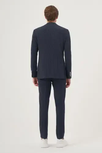 Modazone Men's Indigo Polyviscose Trend Striped Slim Fit Single Collar Suit - 5