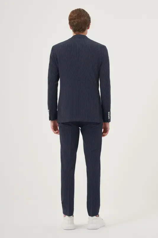 Modazone Men's Indigo Polyviscose Trend Striped Slim Fit Single Collar Suit - 5