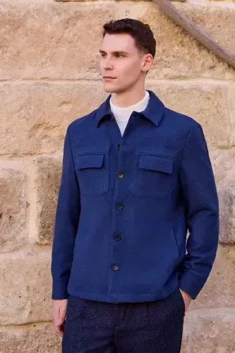Modazone Men's Indigo Woolly Berber Collar Double Flap Pocket Shirt Jacket - 1