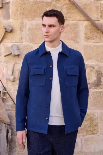 Modazone Men's Indigo Woolly Berber Collar Double Flap Pocket Shirt Jacket - 2