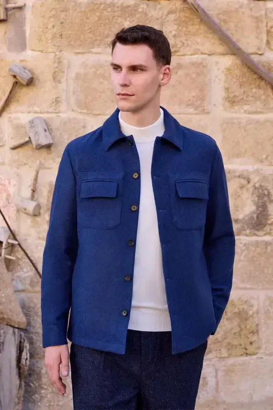 Modazone Men's Indigo Woolly Berber Collar Double Flap Pocket Shirt Jacket - 2