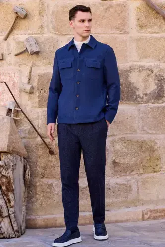 Modazone Men's Indigo Woolly Berber Collar Double Flap Pocket Shirt Jacket - 3