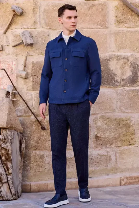 Modazone Men's Indigo Woolly Berber Collar Double Flap Pocket Shirt Jacket - 3