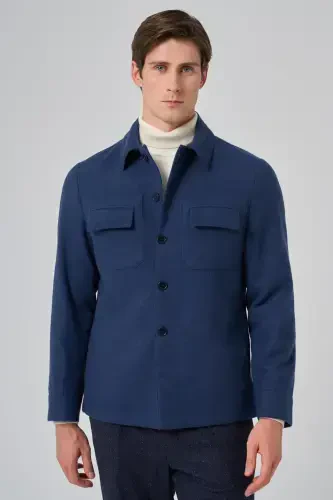 Modazone Men's Indigo Woolly Berber Collar Double Flap Pocket Shirt Jacket - 4