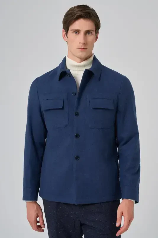 Modazone Men's Indigo Woolly Berber Collar Double Flap Pocket Shirt Jacket - 4