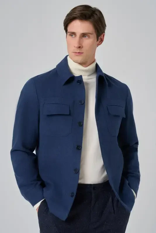 Modazone Men's Indigo Woolly Berber Collar Double Flap Pocket Shirt Jacket - 5