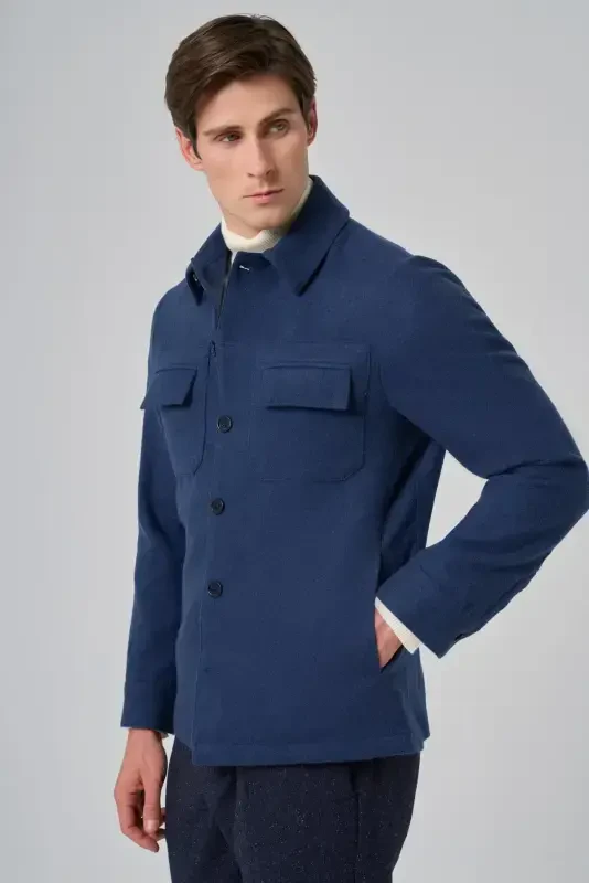 Modazone Men's Indigo Woolly Berber Collar Double Flap Pocket Shirt Jacket - 6