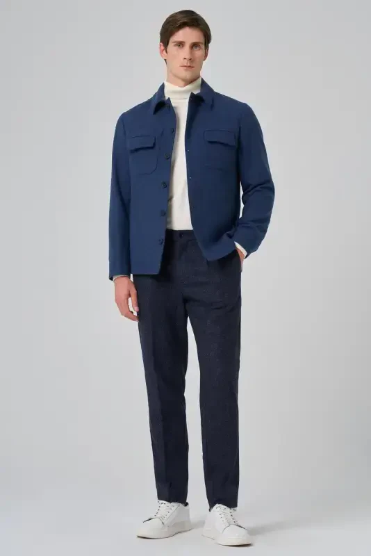 Modazone Men's Indigo Woolly Berber Collar Double Flap Pocket Shirt Jacket - 7