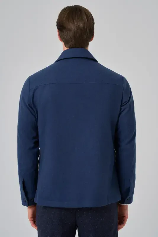 Modazone Men's Indigo Woolly Berber Collar Double Flap Pocket Shirt Jacket - 8