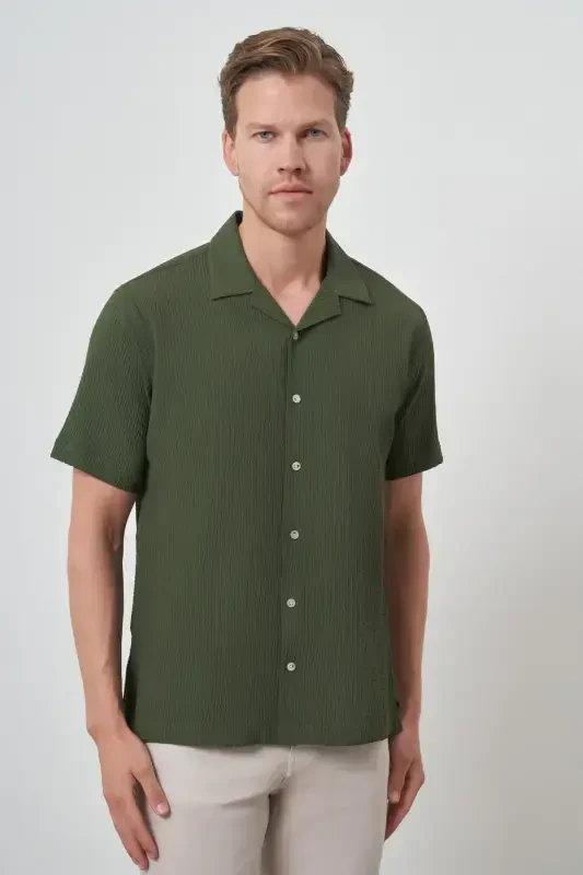 Modazone Men's Khaki Apache Collar Short Sleeve Shirt - 1