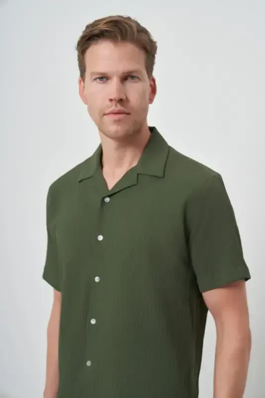 Modazone Men's Khaki Apache Collar Short Sleeve Shirt - 3