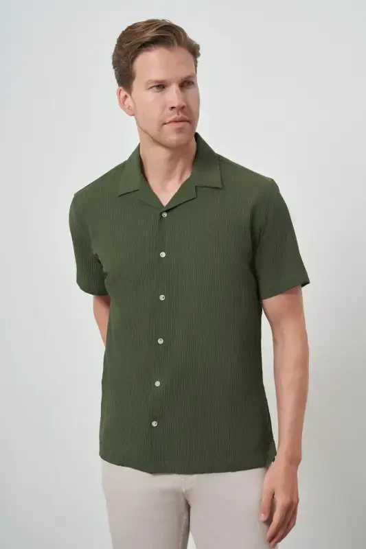 Modazone Men's Khaki Apache Collar Short Sleeve Shirt - 4