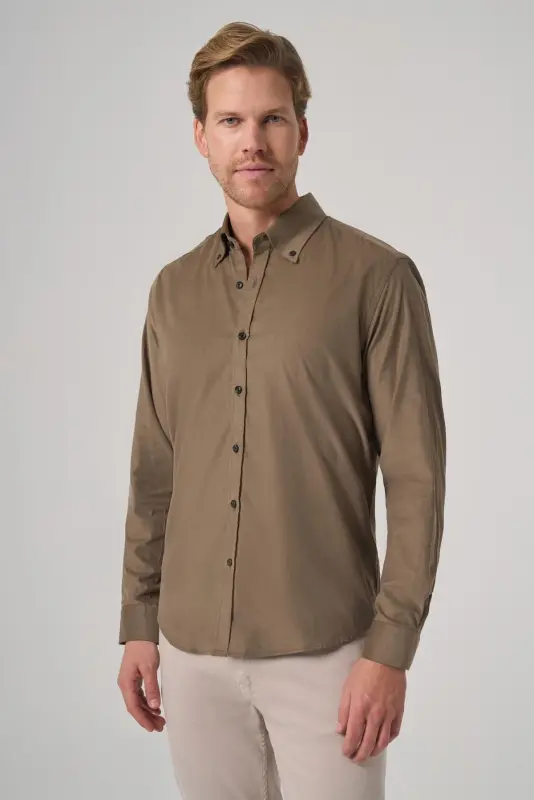 Modazone Men's Khaki Cotton Trend Dynamic Fit Button-Down Collar Shirt - 1