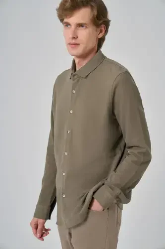 Modazone Men's Khaki Cotton Trend Tree Bark Pattern Dynamic Fit Italian Collar Shirt - 3