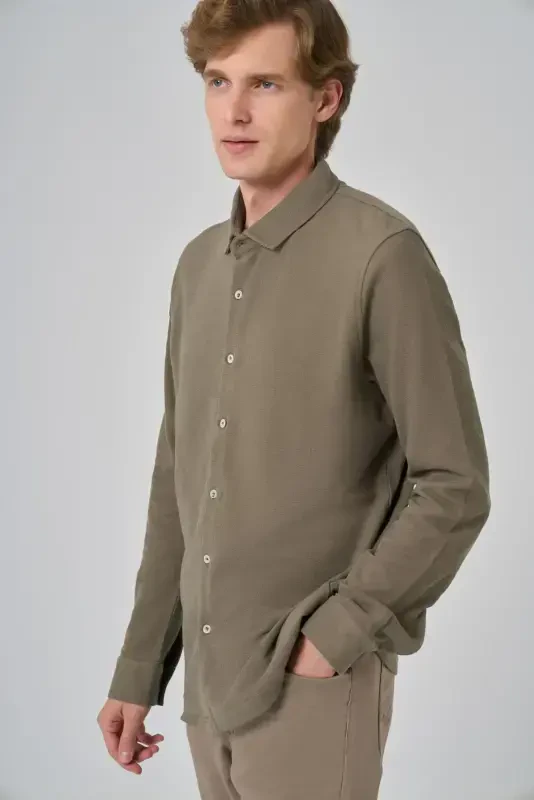 Modazone Men's Khaki Cotton Trend Tree Bark Pattern Dynamic Fit Italian Collar Shirt - 3