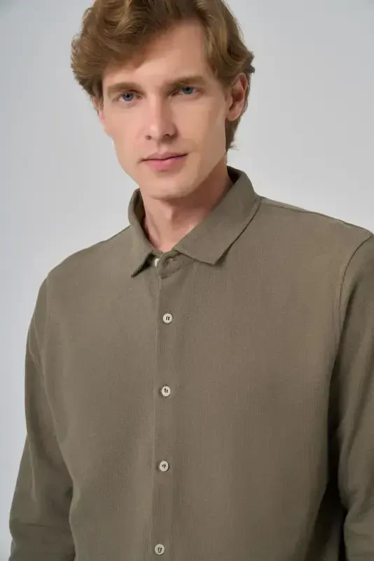 Modazone Men's Khaki Cotton Trend Tree Bark Pattern Dynamic Fit Italian Collar Shirt - 4